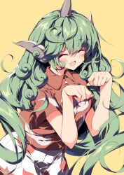 1girl absurdres blush closed_eyes cloud_print collared_shirt cowboy_shot fang green_hair hair_between_eyes highres horns kariyushi_shirt komano_aunn long_hair open_mouth red_shirt sakurame shirt shorts simple_background single_horn sketch smile solo touhou white_shorts yellow_background