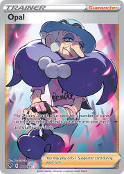 1girl artist_name blue_eyes blue_hat bracelet bright_pupils card_(medium) character_name closed_mouth company_name copyright_name copyright_notice creatures_(company) english_text game_freak gloves hat holding holding_umbrella jewelry long_nose nintendo official_art old old_woman opal_(pokemon) pokemon pokemon_card pokemon_tcg red_lips saitou_naoki short_hair short_sleeves single_glove solo third-party_source trading_card umbrella white_hair white_pupils wrinkled_skin