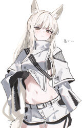 1girl absurdres animal_ears arknights belt belt_buckle black_gloves blush bright_pupils buckle chromatic_aberration closed_mouth clothes_lift clothes_writing commentary_request contrapposto cowboy_shot death_unagi elbow_gloves gloves grey_eyes high_collar highres jacket jacket_lift lifting_own_clothes long_hair looking_at_viewer midriff navel platinum_(arknights) short_shorts shorts simple_background sketch solo standing strap sweatdrop white_background white_belt white_hair white_jacket white_pupils white_shorts