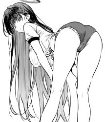 1girl ass bent_over blue_archive blunt_bangs breasts buruma cameltoe commentary covered_erect_nipples gym_uniform hair_ornament hairclip halo highres large_breasts long_hair looking_at_viewer midriff monochrome panties panty_peek peko25jita rio_(blue_archive) simple_background solo underwear very_long_hair white_background