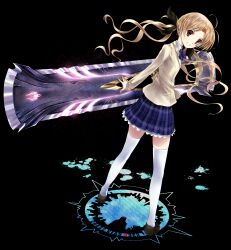 1girl bad_tag black_background blazer blonde_hair bow bowtie breasts brown_eyes brown_jacket chaos;head collared_shirt cry-planet d-sword dress_shirt from_behind from_side full_body grin highres holding holding_sword holding_weapon huge_weapon jacket lapels loafers looking_at_viewer looking_back miniskirt notched_lapels orihara_kozue parted_lips plaid_bow plaid_bowtie plaid_clothes plaid_skirt pleated_skirt purple_bow purple_bowtie purple_skirt school_uniform science_adventure shibuya_109 shirt shoes skirt small_breasts smile solo suimei_school_uniform sword thighhighs thighs turning_head twintails v-shaped_eyebrows weapon white_shirt white_thighhighs