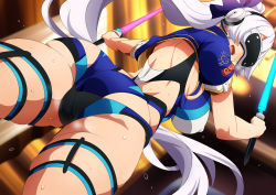 1girl ass blue_bow blue_jacket blue_one-piece_swimsuit blush bow breasts competition_swimsuit dual_wielding energy_sword fate/grand_order fate_(series) hair_between_eyes hair_bow head-mounted_display headphones headset highleg highleg_one-piece_swimsuit highres holding jacket large_breasts long_hair looking_at_viewer looking_back magukappu one-piece_swimsuit open_mouth ponytail short_sleeves silver_hair smile swimsuit sword thighs tinted_eyewear tomoe_gozen_(fate) tomoe_gozen_(swimsuit_saber)_(fate) tomoe_gozen_(swimsuit_saber)_(first_ascension)_(fate) two-tone_swimsuit visor vr_visor weapon white_one-piece_swimsuit