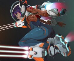 1girl blue_bodysuit blue_eyes blue_gloves bodysuit boots breasts colored_shoe_interior colored_shoe_soles commentary_request cropped_jacket fishbowl_helmet flying gloves helmet jacket jet_boots juno_(overwatch) long_sleeves multicolored_hair orange_gloves orange_jacket overwatch purple_hair shoes short_hair skin_tight solo space_helmet spacesuit suzusiron two-sided_gloves white_boots
