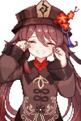 1girl brown_hair brown_hat brown_jacket closed_eyes flower_hat genshin_impact hat hu_tao_(genshin_impact) jacket long_hair long_sleeves open_mouth pixel_art red_shirt shirt teeth tinia_etru twintails very_long_hair white_background