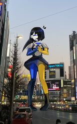Rule 34 | 1girl, asymmetrical legwear, black hair, black socks, blue eyes, blue skin, blunt bangs, car, colored skin, ena (ena), ena (series), ena (species), ena (web series), floating head, frown, giant, giantess, highres, kneehighs, lamppost, long hair, low poly, motor vehicle, multicolored skin, outdoors, photo background, real world location, road, sadder ena, shirt, short sleeves, single kneehigh, single sock, skirt, socks, solo, split-color skin, standing, suspender skirt, suspenders, tree, uneven legwear, usagimarumei, yellow skin