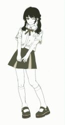 1girl ;) bow bowtie chinese_commentary closed_mouth collared_shirt commentary_request dot_nose greyscale kneehighs looking_at_viewer medium_hair monochrome one_eye_closed original own_hands_together school_uniform shirt shoes short_sleeves simple_background skirt smile socks solo twintails white_background yongyibainianlaiqiming