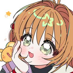 1girl :3 :d artist_name black_shirt blush brown_hair cardcaptor_sakura green_eyes grey_outline hair_bobbles hair_ornament hand_up highres kero_(cardcaptor_sakura) kinomoto_sakura long_sleeves open_mouth outline portrait sailor_collar shirt short_hair simple_background smile white_background white_sailor_collar yalmyu