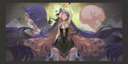 3girls absurdres arm_up armpits bare_arms bare_shoulders black_dress black_skin black_veil blue_veil border breasts breasts_apart colored_skin dark_background dress dual_persona facing_up gem gradient_skin grey_border half-closed_eyes highres long_hair medium_breasts momo369597 multiple_girls multiple_views nautika_(reverse:1999) parted_lips pink_gemstone pink_hair plunging_neckline profile reverse:1999 strapless strapless_dress two-tone_veil veil very_long_hair