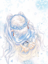 1girl 9484gu blue_flower chinese_commentary commentary_request earrings flower flower_wreath frieren from_above head_wreath highres holding holding_jewelry holding_ring jacket jewelry long_hair long_sleeves outdoors painting_(medium) pointy_ears ring scarf snowflakes snowing solo sousou_no_frieren traditional_media twintails watercolor_(medium) white_hair white_jacket white_scarf