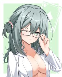Rule 34 | 1girl, ;), absurdres, adjusting eyewear, aqua eyes, aqua hair, areola slip, beads, black-framed eyewear, bow, breasts, cleavage, closed mouth, coat, collarbone, commentary request, cowlick, double-parted bangs, eyelashes, glasses, green background, hair beads, hair between eyes, hair ornament, hand up, highres, lab coat, large breasts, long hair, long sleeves, looking at viewer, naked coat, naked lab coat, one eye closed, one side up, open clothes, open coat, outside border, riddle joker, shikibe mayu, simple background, smile, solo, split mouth, tokiyanagi, upper body, v-shaped eyebrows, white bow, wide sleeves