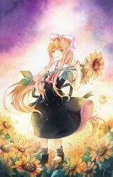 Rule 34 | 1girl, absurdres, air (visual novel), at-sakura, black boots, black dress, black socks, blonde hair, blue eyes, boots, dress, field, flower, flower field, highres, kamio misuzu, neckerchief, red neckerchief, ribbon, socks, sunflower, traditional media, white ribbon