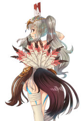 1girl alternate_costume asymmetrical_legwear ayanami_(azur_lane) azur_lane bandages bare_shoulders dastar_(mwelt1390) feathers from_behind headgear long_hair looking_at_viewer looking_back silver_hair simple_background single_thighhigh solo tail tattoo thighhighs tribal uneven_legwear white_background white_thighhighs yellow_eyes