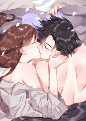 Rule 34 | 1boy, 1girl, black hair, brown hair, closed eyes, couple, grey shirt, han jumin, hetero, highres, kiss, long hair, lying, no bra, on stomach, orange sekaii, petals, protagonist (susanghan messenger), shirt, shirt down, susanghan messenger, topless male