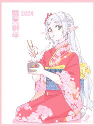 1girl absurdres border bowl braid chopsticks closed_mouth colored_shadow crown_braid elf floral_print food frieren full_body grey_hair highres holding holding_bowl holding_chopsticks japanese_clothes kimono long_hair long_sleeves looking_at_viewer mochi parted_bangs pink_border pointy_ears print_kimono red_kimono seila_rei seiza shadow short_eyebrows signature sitting solo sousou_no_frieren thick_eyebrows translation_request very_long_hair white_background wide_sleeves