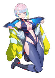 1girl absurdres bare_shoulders bigroll black_boots boots breasts cleavage cyberpunk_(series) cyberpunk_edgerunners cyborg eyeliner highres jacket large_breasts leotard looking_at_viewer lucy_(cyberpunk) makeup medium_breasts multicolored_hair off_shoulder open_clothes red_eyeliner red_lips short_hair smile solo white_background white_hair yellow_jacket