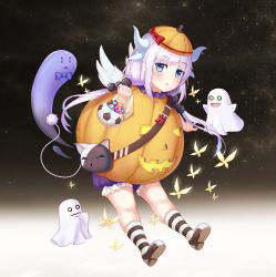 0_0 1girl :3 absurdres bag blue_eyes bow bowtie bug butterfly candy d: dragon_girl dragon_horns dragon_tail female_focus food ghost hair_bobbles hair_ornament halloween handbag hat highres horns insect jack-o&#039;-lantern kanna_kamui kobayashi-san_chi_no_maidragon light_purple_hair lollipop long_hair looking_at_viewer low_twintails muji_(majunduo) o_o open_mouth pumpkin_costume socks solo striped_clothes striped_legwear striped_socks tail trick_or_treat twintails wavy_mouth wings
