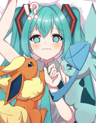 !? 1girl 2others @_@ animal_ears aqua_eyes aqua_hair aqua_necktie arm_up blush closed_mouth collarbone crossover flareon fluffy gen_1_pokemon gen_4_pokemon glaceon grey_shirt hair_between_eyes hair_ornament hatsune_miku highres long_hair lying multiple_others necktie nintendo on_back pokemon pokemon_(creature) shirt sleeveless sleeveless_shirt sweat twintails very_long_hair vocaloid yuin0