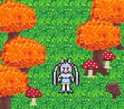 animal_ears blue_eyes dress fox_ears fox_girl grass indie_virtual_youtuber kirsche_verstahl kneehighs mushroom pixel_art scratch_point_z socks tree virtual_youtuber white_hair white_socks