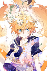 1boy 1girl ahoge aotu_world back-to-back black_gloves blonde_hair blue_eyes blush brother_and_sister chinese_commentary clenched_hand closed_mouth crying crying_with_eyes_open drawstring falling_flower falling_leaves fingerless_gloves flower gloves hair_between_eyes hand_on_own_chest highres hood hood_down hoodie king_(aotu_world) leaf long_hair looking_at_viewer low_twintails multicolored_hoodie necktie q_(aotu_world) short_hair short_sleeves siblings solo_focus spiked_hair tears tong_jun twintails upper_body very_long_hair white_background white_flower white_hoodie wind
