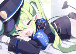 1girl armband belt black_belt blue_archive blue_armband blush demon_tail gloves green_hair green_halo halo hat highres long_hair long_sleeves looking_at_viewer lying nozomi_(blue_archive) on_bed on_stomach open_mouth pantyhose pointy_ears shorts solo tail tonomiya68 twintails white_gloves white_pantyhose yellow_eyes
