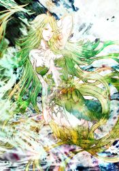 1girl absurdly_long_hair arm_up barbariccia breasts final_fantasy final_fantasy_xiv green_hair long_hair looking_to_the_side medium_breasts revealing_clothes ruka_(blueplus84) solo very_long_hair yellow_eyes