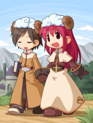 Rule 34 | 1boy, 1girl, :d, acolyte (ragnarok online), blue sky, book, brown coat, brown gloves, brown hair, brown pants, brown shirt, brown shoes, capelet, cassock, chibi, chibi only, cloud, coat, day, full body, gloves, grass, holding, holding book, holding hands, key visual, long hair, long sleeves, mountainous horizon, official art, open mouth, outdoors, pants, path, promotional art, ragnarok online, ragnarok online kafra quest, red eyes, red hair, road, sheep hat, shirt, shoes, short hair, skirt, sky, smile, third-party source, walking, white capelet, white skirt, yuichirou