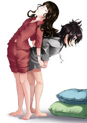 10s 2girls back-to-back barefoot black_hair black_rock_shooter blue_eyes brown_hair closed_eyes hana_keijou holding_hands interlocked_fingers kuroi_mato long_hair multiple_girls pajamas pillow shorts takanashi_yomi yuri
