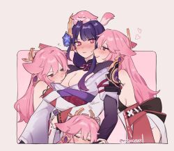 4girls animal animal_ears animal_on_head artist_name blush breasts cleavage clone closed_mouth commentary earrings english_commentary fox fox_ears genshin_impact girl_sandwich heart hug japanese_clothes jewelry kimono large_breasts long_hair multiple_girls nonons obi on_head parted_lips pink_background pink_eyes pink_hair purple_eyes purple_hair purple_kimono raiden_shogun sandwiched sash smile yae_miko yae_miko_(fox) yuri