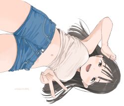 1girl absurdres artist_name bare_arms bare_shoulders black_eyes black_hair blue_shorts blunt_bangs breasts commentary cowboy_shot denim denim_shorts highres long_hair medium_breasts midriff nagomurasan navel open_fly open_mouth original short_shorts shorts sideways simple_background smile solo stomach symbol-only_commentary tank_top tareme teeth upper_teeth_only v white_background