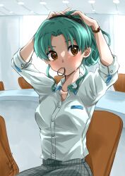 1girl absurdres arms_up black_hairband breasts brown_eyes chair collared_shirt green_hair grey_skirt hair_tie_in_mouth hairband highres idolmaster idolmaster_million_live! indoors looking_to_the_side mouth_hold on_chair open_collar plaid_clothes plaid_skirt ponytail shirt signature sitting skirt solo sweat tokugawa_matsuri toshiki74_p tying_hair white_shirt