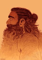 1boy absurdres arm_hair armpit_hair armpit_hair_peek bare_shoulders beard brown_theme covered_mouth dungeon_meshi dwarf facial_hair from_side hair_bun hairy half_updo highres long_beard long_hair looking_ahead male_focus monochrome mustache profile senshi_(dungeon_meshi) simple_background single_hair_bun sleeveless solo thick_arm_hair twitter_username upper_body veldenmire