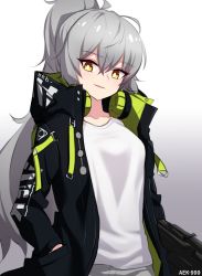2017 aek-999_(girls&#039;_frontline) arms_at_sides black_jacket breasts bright_pupils character_name collarbone eyes_visible_through_hair girls&#039;_frontline gradient_background grey_background grey_hair hand_in_pocket headphones headphones_around_neck highres hood hood_down jacket long_hair looking_at_viewer looking_down messy_hair multicolored_jacket narynn neon_trim parted_lips ponytail raised_eyebrows shirt sidelocks simple_background smile solo standing t-shirt two-tone_jacket upper_body white_background white_pupils white_shirt yellow_eyes