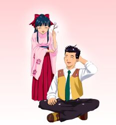 1boy 1girl bow breasts cherry_blossoms closed_eyes crossed_legs hair_ribbon hand_on_own_head happy highres japanese_clothes large_breasts leaning_forward legs long_hair long_skirt necktie oogami_ichirou open_mouth pants pointy_hair ponytail purple_hair red_bow ribbon sakura_taisen sega shinguuji_sakura short_hair sitting skirt smile thighs