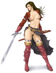aira_(dq7) breasts brown_hair dragon_quest dragon_quest_vii earrings irotsuya jewelry lipstick long_hair nipples pubic_hair pussy source_request sword uncensored weapon