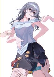 1girl absurdres armpit_crease bare_shoulders black_skirt bra_strap breasts grey_hair head_tilt highres honkai:_star_rail honkai_(series) long_hair miniskirt off-shoulder_shirt off_shoulder shirt simple_background skirt solo_focus stelle_(honkai:_star_rail) thigh_strap thighs trailblazer_(honkai:_star_rail) white_background yellow_eyes yukachiee