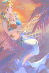 1girl absurdres bikini blonde_hair blue_eyes blue_hairband blue_nails character_name cup dated drinking_glass drinking_straw drinking_straw_in_mouth fang fang_out feet_out_of_frame hairband hammock highres holding holding_cup long_braid looking_at_viewer navel official_alternate_costume orange_bikini orange_sky palm_leaf reverse:1999 rokilly sarong scales sitting sky solo swimsuit vila_(by_the_painted_city)_(reverse:1999) vila_(reverse:1999) white_sarong