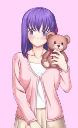 1girl blush breasts fate/stay_night fate_(series) hair_ribbon highres holding_teddy_bear large_breasts long_hair long_sleeves looking_to_the_side matou_sakura medium_hair pink_shirt purple_eyes purple_hair red_ribbon ribbon saishuumusou shirt skirt solo white_undershirt
