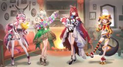 4girls :d absurdres ahoge animal_ear_hood animal_skull ascot asymmetrical_dress balloon banner bare_shoulders bike_shorts black_hat black_shoes black_shorts black_thighhighs black_tube_top blue_gemstone book book_stack boots bouquet breasts cecilia_immergreen cecilia_immergreen_(1st_costume) cleavage closed_mouth collar commentary corset couch cropped_hoodie day detached_collar dress elizabeth_rose_bloodflame elizabeth_rose_bloodflame_(1st_costume) english_commentary fake_animal_ears fireplace flower full_body gears gem gigi_murin gigi_murin_(1st_costume) gold_trim green_corset green_eyes green_hair hair_between_eyes happy_anniversary hat heart_balloon high-low_skirt high_heels highres hip_vent holding holding_balloon holding_banner holding_bouquet holojustice hololive hololive_english hood hood_up hoodie horizontal-striped_thighhighs huge_ahoge indoors jacket leaning_forward long_hair long_sleeves miniskirt mirror misyune multicolored_hair multiple_girls official_art open-toe_boots open_mouth orange_hoodie orange_thighhighs picture_frame pink_eyes pink_hair puffy_long_sleeves puffy_sleeves raora_panthera raora_panthera_(1st_costume) red_ascot red_eyes red_flower red_jacket shoes shorts single_thighhigh skirt smile standing strapless thigh_strap thighhighs tube_top very_long_hair virtual_youtuber white_background white_collar white_dress white_hair white_jacket white_sneakers white_thighhighs yellow_eyes