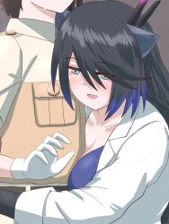 1boy 1girl animal_ears black_dragon_(kemono_friends) black_gloves black_hair blue_hair blue_shirt blush brown_hair brown_shirt captain_(kemono_friends) collarbone collared_shirt dragon_ears dragon_girl dragon_horns fishnet_gloves fishnets gloves gradient_hair grey_eyes hair_between_eyes highres horns hug jacket kemono_friends kemono_friends_3 long_hair mukouyama_mu multicolored_hair safari_jacket shirt short_hair sidelocks sweatdrop two-tone_shirt white_gloves white_jacket white_shirt