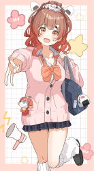 1girl absurdres ahoge black_overskirt blue_ribbon blush breasts brown_eyes brown_hair cardigan gakuen_idolmaster gradient_hair gyaru hair_bun hair_ornament hair_scrunchie hanami_ume highres idolmaster large_breasts long_sleeves looking_at_viewer loose_socks multicolored_hair pink_cardigan plaid_clothes plaid_skirt pleated_skirt ponytail raichita ribbon school_uniform scrunchie shirt single_side_bun skirt smile socks solo stuffed_toy v white_shirt