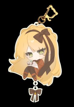 Rule 34 | 1girl, black background, blonde hair, bow, bowtie, braid, brown bow, brown bowtie, brown capelet, brown hairband, brown ribbon, brown shoes, capelet, charm (object), chibi, crown braid, full body, green eyes, hairband, highres, ifudyci, lobotomy corporation, long hair, long sleeves, project moon, ribbon, shirt, shoes, simple background, solo, standing, tearing up, tiphereth a (project moon), white shirt
