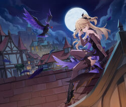 1girl absurdres asymmetrical_legwear bare_shoulders bird black_gloves blonde_hair boots brown_pantyhose brown_thighhighs closed_mouth cloud crow eyepatch fischl_(genshin_impact) floating_hair full_body full_moon genshin_impact gloves green_eyes hand_up high_heels highres incredibly_absurdres long_hair looking_at_viewer moon night night_sky official_art outdoors oz_(genshin_impact) pantyhose single_glove sitting sky smile thighhighs third-party_source two_side_up uneven_legwear