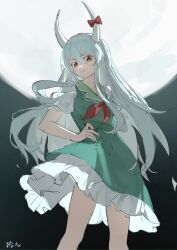 1girl bow chinese_commentary closed_mouth cowboy_shot dress ex-keine full_moon green_dress grey_hair hand_on_own_hip highres horn_bow horn_ornament horns kamishirasawa_keine long_hair looking_at_viewer moon neckerchief puffy_short_sleeves puffy_sleeves red_bow red_neckerchief shijiu_(shizuoxing) shirt short_sleeves signature touhou very_long_hair white_shirt