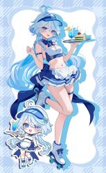 1girl absurdres alternate_costume apron arm_strap blue_eyes blue_hair blue_skirt breasts cake cake_slice chibi chibi_inset commentary_request crop_top day drop-shaped_pupils eyelash_ornament food furina_(genshin_impact) genshin_impact glass heterochromia highres holding holding_tray leg_up light_particles long_hair looking_at_viewer midriff navel pleated_skirt pool poolside roller_skates rrr_gns_(riuriu_1212) shoes skates skirt small_breasts solo stomach symbol-shaped_pupils tray visor_cap waist_apron wavy_hair white_shoes