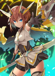 1girl alice_gear_aegis black_gloves black_shirt black_skirt blue_eyes boots breasts brown_hair cape closed_mouth cowboy_shot gloves hair_between_eyes headgear highres kanagata_sugumi looking_at_viewer mecha_musume miniskirt outstretched_arm pleated_skirt shirt short_hair short_sleeves sidelocks skirt sleeveless smile solo standing suspenders sword thighhighs v-shaped_eyebrows weapon white_shirt yellow_cape zb_(dawn-blue) zettai_ryouiki