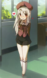 1girl absurdres beret black_skirt blonde_hair blush breasts brown_hat brown_jacket deko_morii fate/kaleid_liner_prisma_illya fate_(series) full_body hair_between_eyes hat heart highres homurabara_academy_elementary_school_uniform illyasviel_von_einzbern jacket kneehighs long_hair long_sleeves looking_at_viewer neck_ribbon pleated_skirt red_eyes red_ribbon ribbon sailor_collar school_uniform sidelocks skirt small_breasts smile socks solo white_sailor_collar