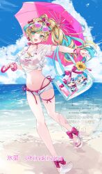 1girl aqua_eyes aqua_hair bag bikini bikini_under_clothes blonde_hair blue_sky braid breasts cloud cloudy_sky eyewear_on_head full_body heart heart-shaped_eyewear highres hinakisara holding holding_umbrella long_hair looking_at_viewer navel nijisanji open_mouth outdoors pink_bikini sandals see-through_clothes see-through_shirt shirt short_shorts shorts sky smile stomach sunglasses swimsuit tachitsute_toto teeth umbrella upper_teeth_only very_long_hair virtual_youtuber watermark white_sandals white_shorts