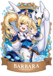 1girl ;d banner barbara_(genshin_impact) belt bird blue_eyes book character_name commentary crossover detached_collar detached_sleeves dress drill_hair english_commentary gen_5_pokemon genshin_impact hair_between_eyes hat light_brown_hair long_hair long_sleeves looking_at_viewer nintendo nun one_eye_closed open_mouth pokemon pokemon_(creature) ry-spirit sidelocks smile swan swanna twin_drills v vision_(genshin_impact) water_drop white_dress