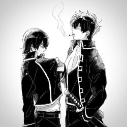 Rule 34 | 2boys, ascot, belt, cigarette, clothes grab, commentary request, cowboy shot, gintama, hijikata toushirou, jacket, jacket grab, katana, monochrome, multiple boys, partial commentary, scabbard, se0h, sheath, shinsengumi (gintama), smoke, smoke trail, smoking, sword, weapon, yamazaki sagaru