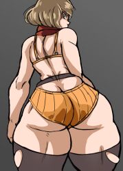 1girl absurdres ashley_graham ass bikini blonde_hair butt_crack charge_sol from_behind highres huge_ass looking_back red_scarf resident_evil resident_evil_4 resident_evil_4_(remake) scarf short_hair swimsuit thighhighs yellow_bikini yellow_eyes
